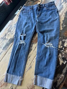 Old Navy Relaxed Boyfriend Jeans in Medium Blue with Distressed Knees